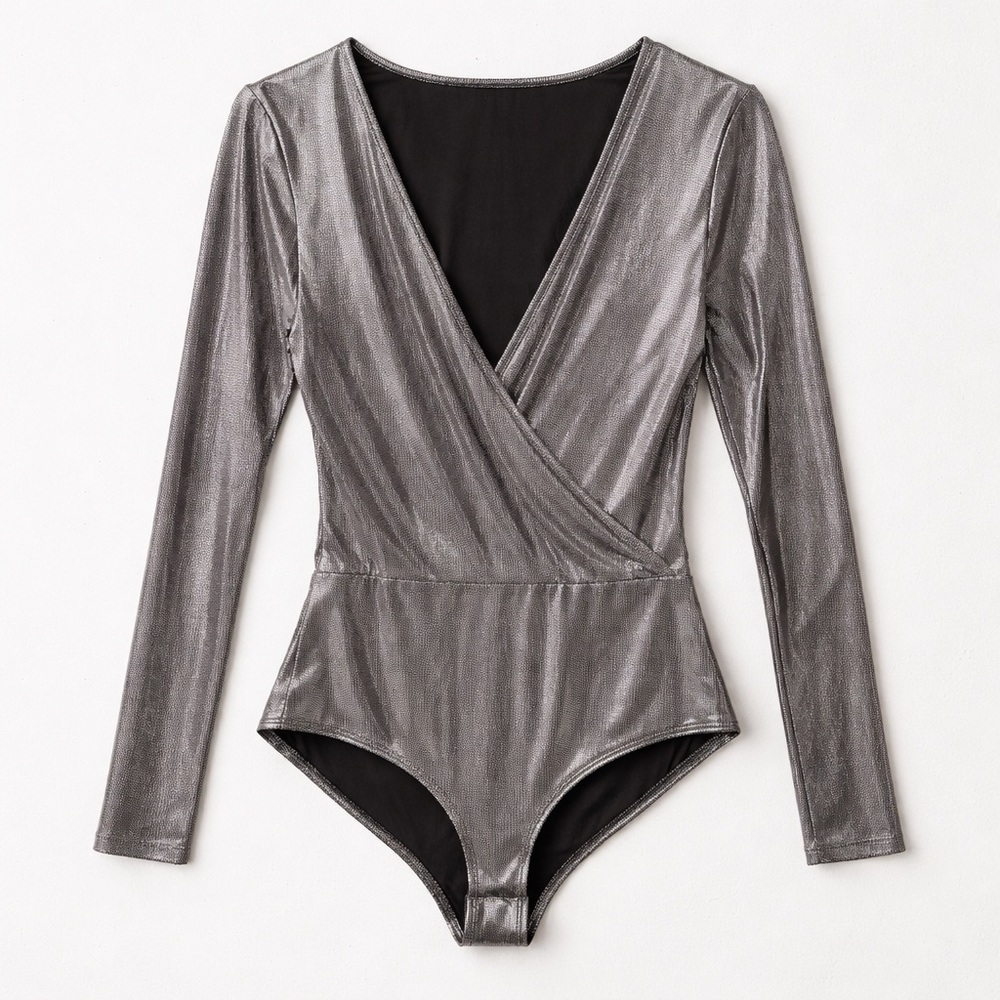 Charlotte Russe • Metallic Wrap Bodysuit • Silver / Metallic Gray • Size S